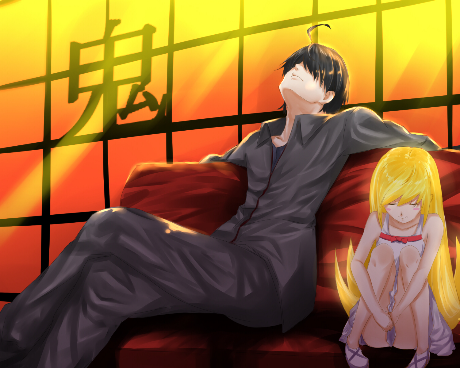 araragi_koyomi, bakemonogatari, black_hair, blonde_hair, ffmania7, loli, long_hair, male, monogatari_(series), oshino_shinobu, short_hair, vampire