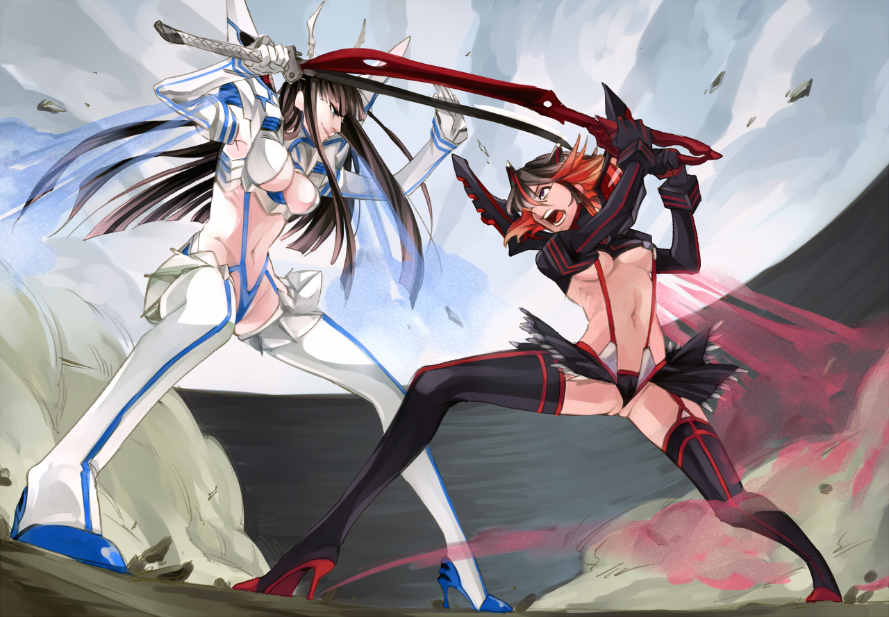 2girls, black_hair, blue_eyes, breasts, cleavage, haruhikohiko, horns, katana, kill_la_kill, kiryuin_satsuki, long_hair, matoi_ryuuko, navel, purple_eyes, red_hair, short_hair, sword, thighhighs, underboob, uniform, weapon