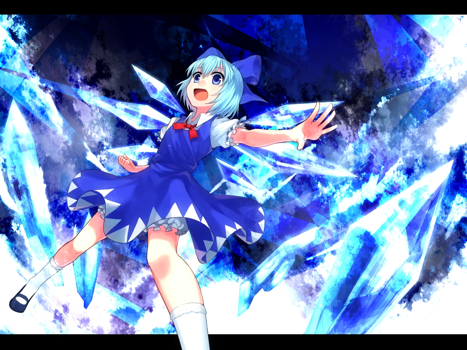 bloomers, blue_eyes, blue_hair, bow, cirno, dress, fairy, kneehighs, mikan_(ama_no_hakoniwa), ribbons, short_hair, socks, touhou, wings