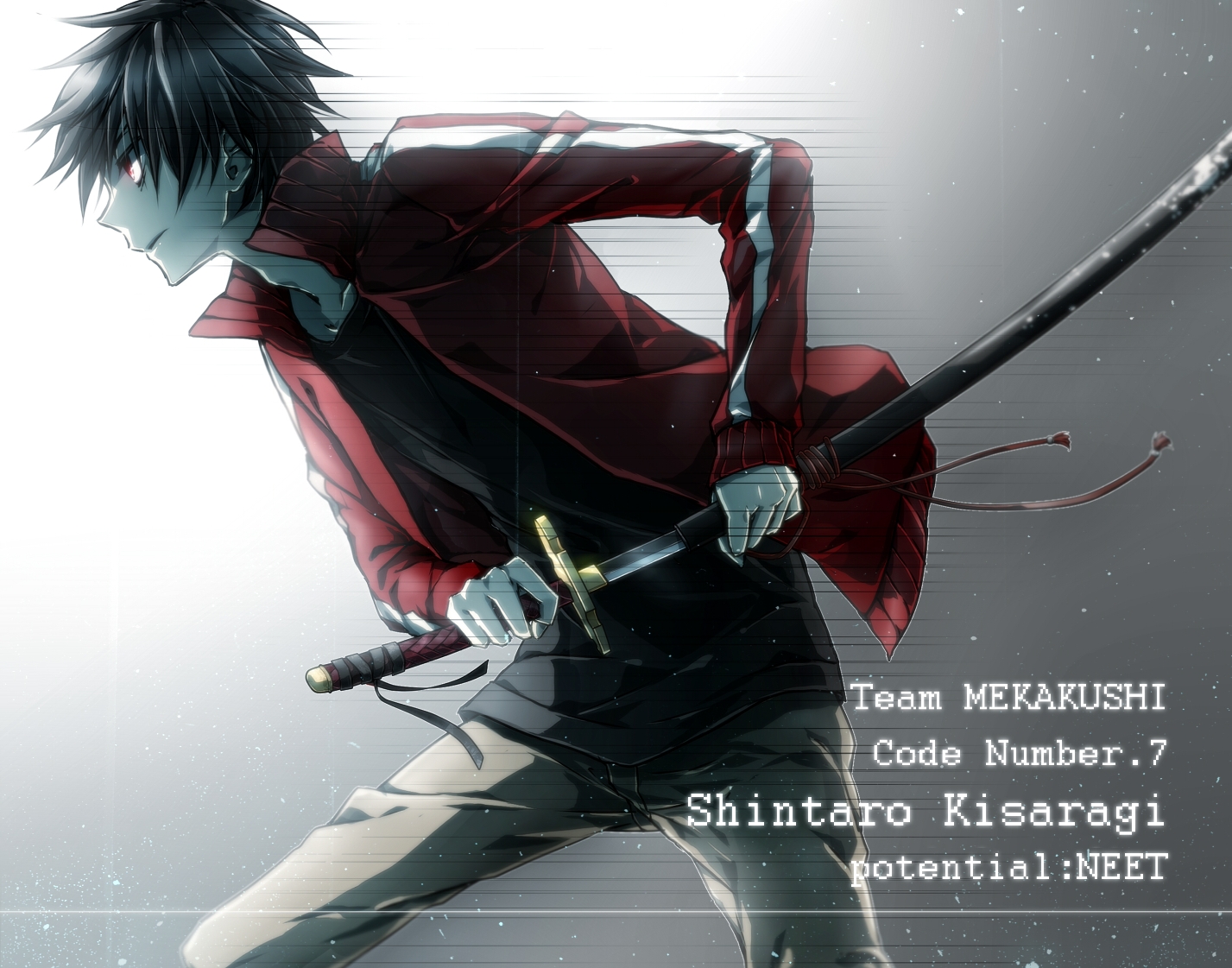 all_male, black_hair, hukkyunzzz, kagerou_project, katana, kisaragi_shintaro, male, red_eyes