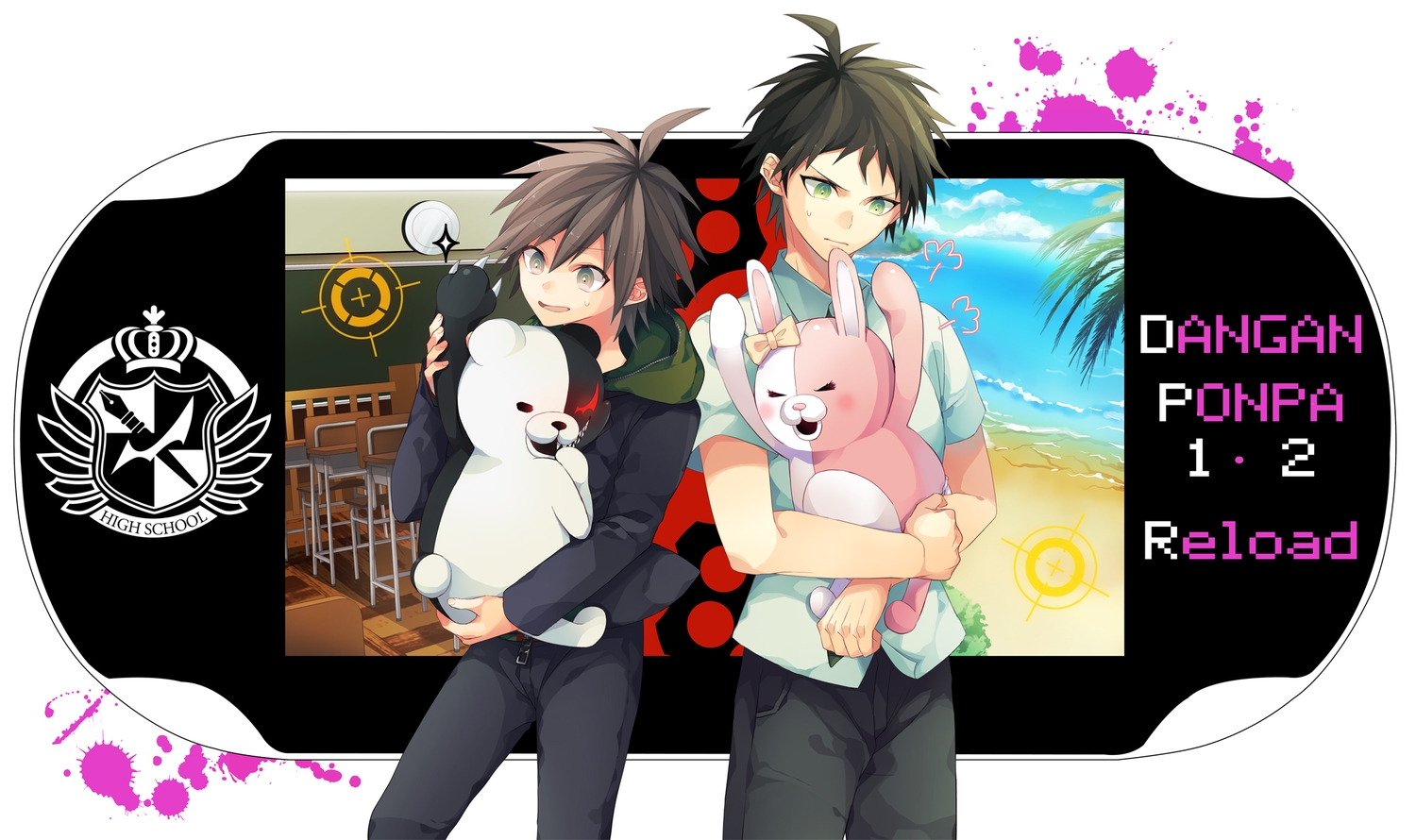 beach, black_hair, bow, brown_eyes, brown_hair, dangan-ronpa, dangan-ronpa_2, game_console, green_eyes, hinata_hajime, monokuma, monomi_(dangan_ronpa), naegi_makoto, short_hair, water, zunmo