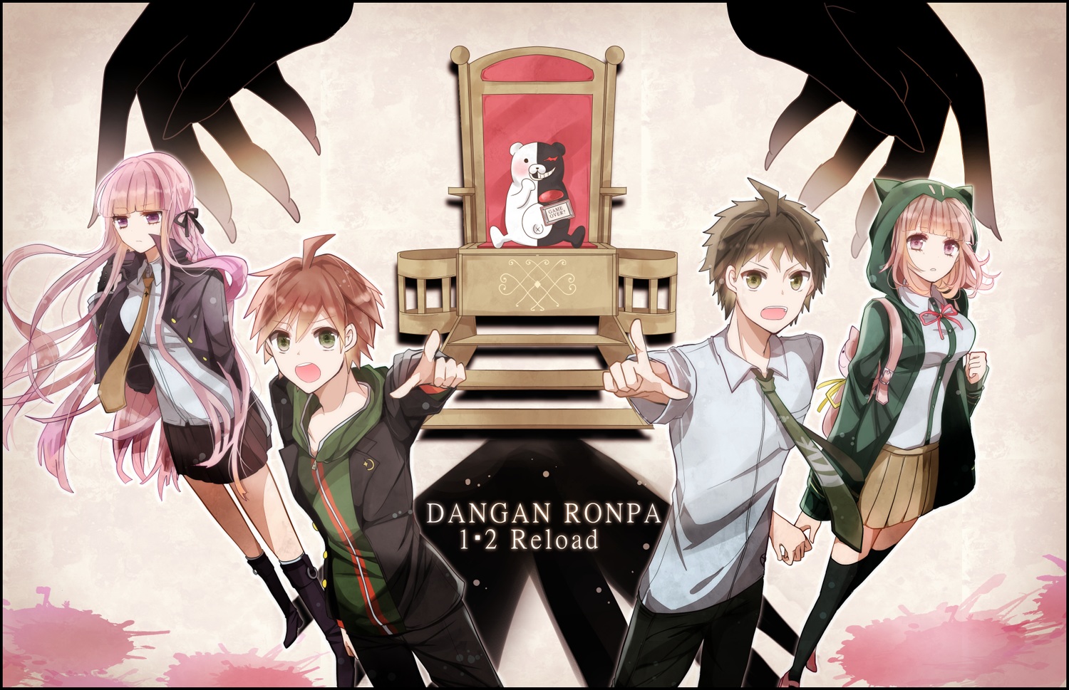 black_hair, boots, brown_hair, dangan-ronpa, dangan-ronpa_2, gloves, green_eyes, hinata_hajime, kirigiri_kyouko, long_hair, monokuma, naegi_makoto, nanami_chiaki, pink_eyes, pink_hair, purple_eyes, ringoro, school_uniform, short_hair, skirt, thighhighs, tie