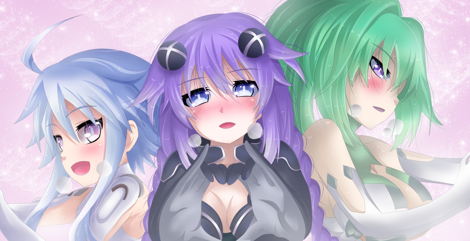 blanc, blue_eyes, blue_hair, blush, braids, breasts, cleavage, elbow_gloves, gloves, green_hair, green_heart, hyperdimension_neptunia, long_hair, mikage_baku, neptune, purple_eyes, purple_hair, purple_heart, short_hair, vert, white_heart