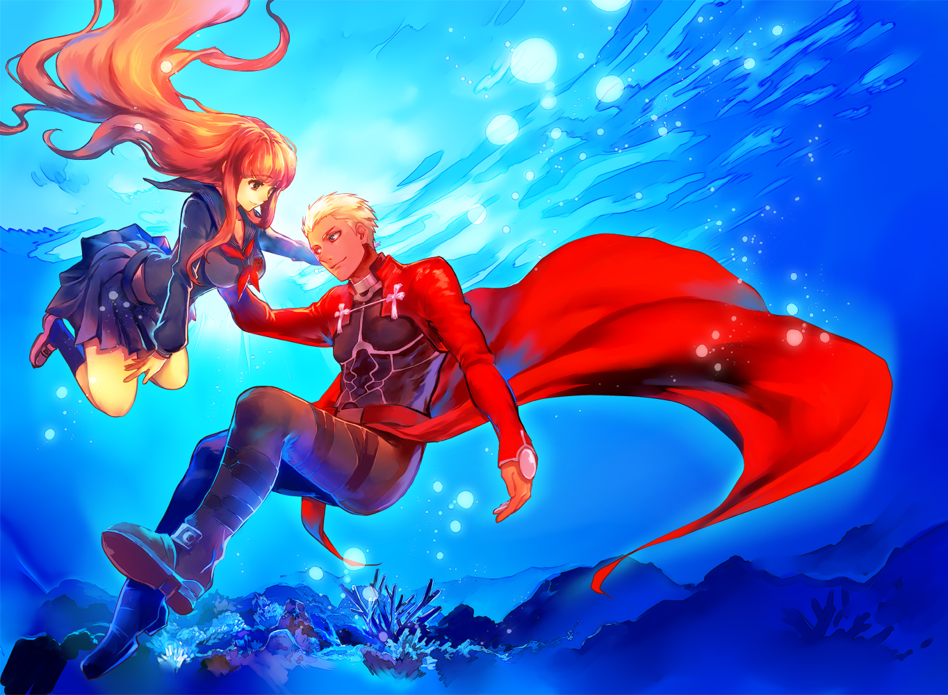 archer, blonde_hair, boots, brown_eyes, bubbles, cape, dark_skin, fate/extra, fate_(series), fate/stay_night, kin_mokusei, kishinami_hakuno, long_hair, male, orange_hair, school_uniform, short_hair, skintight, skirt, socks, underwater, water, white_hair