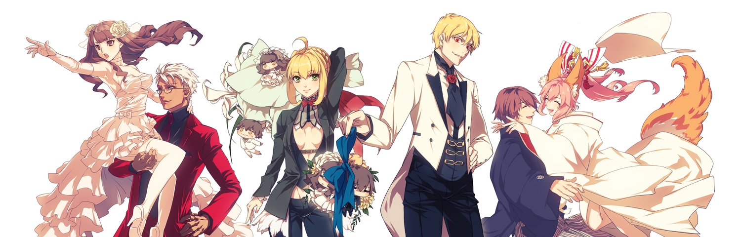 animal_ears, archer, blonde_hair, bow, breasts, brown_eyes, brown_hair, chibi, cleavage, dress, fate/extra, fate_(series), fate/stay_night, flowers, foxgirl, gilgamesh, glasses, green_eyes, japanese_clothes, kin_mokusei, kishinami_hakuno, male, nero_claudius_(fate), pink_hair, red_eyes, tail, tamamo_no_mae_(fate), tie, wedding_attire, white_hair