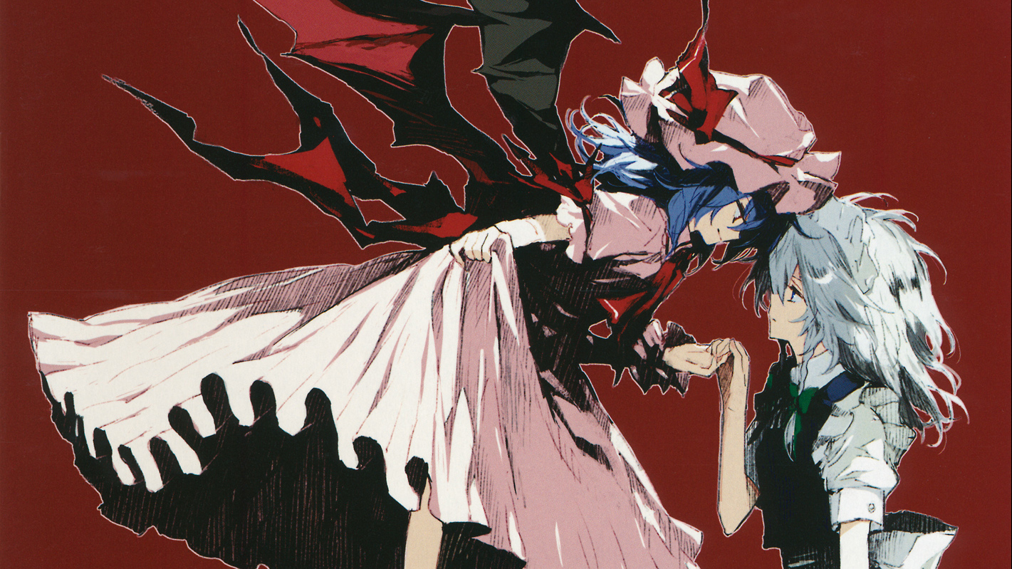 2girls, blue_eyes, blue_hair, dress, gray_hair, hat, izayoi_sakuya, maid