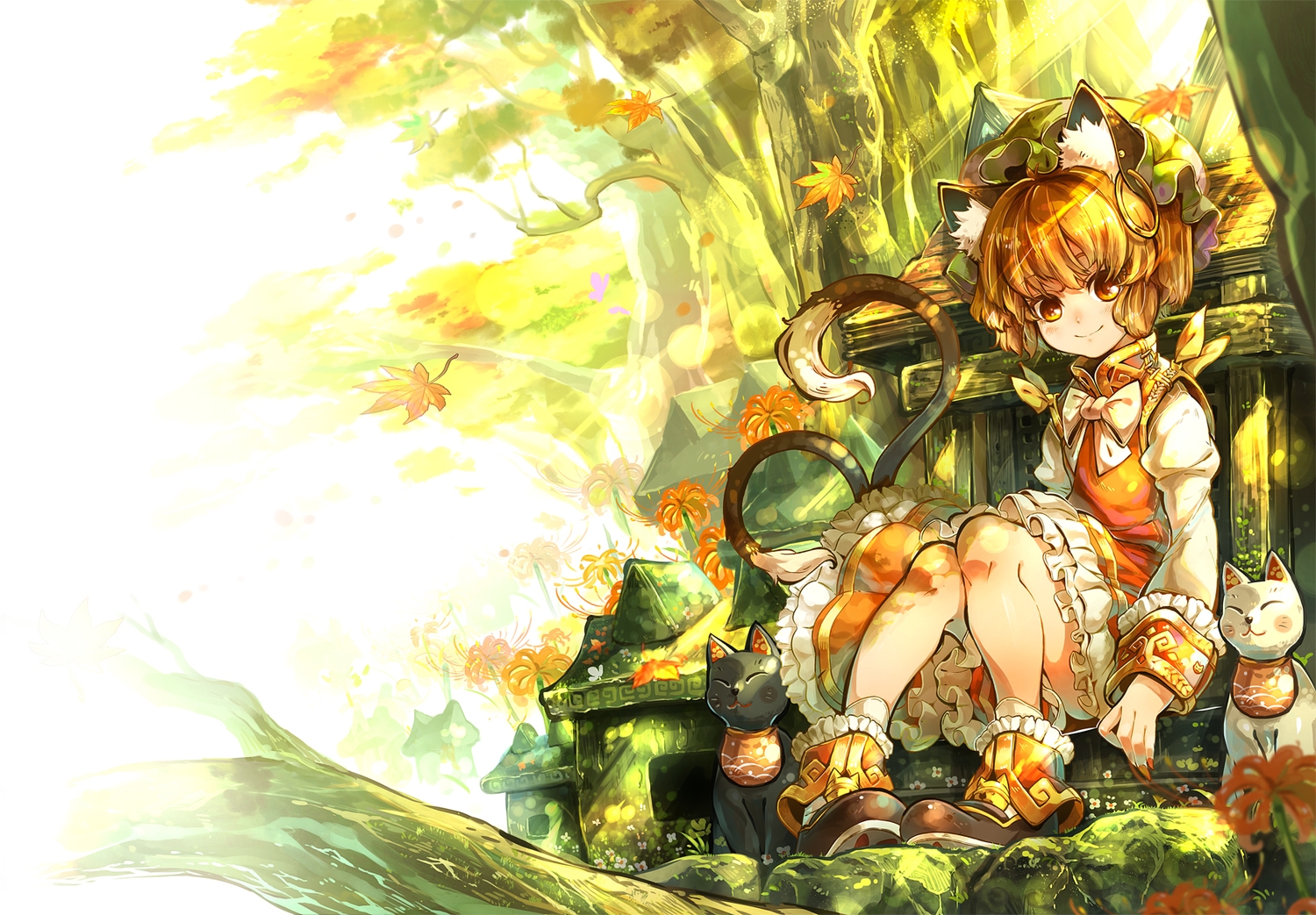 animal_ears, autumn, boots, bow, brown_eyes, brown_hair, catgirl, chen, flowers, hat, im_(badmasa), leaves, multiple_tails, short_hair, tail, touhou, tree