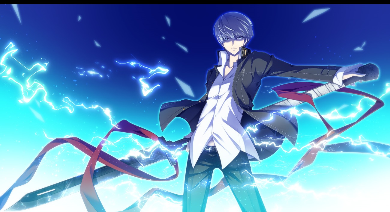all_male, blue, gray_eyes, gray_hair, male, mayokichi, narukami_yuu, persona, persona_4, ribbons, school_uniform, shirt, short_hair, sword, weapon