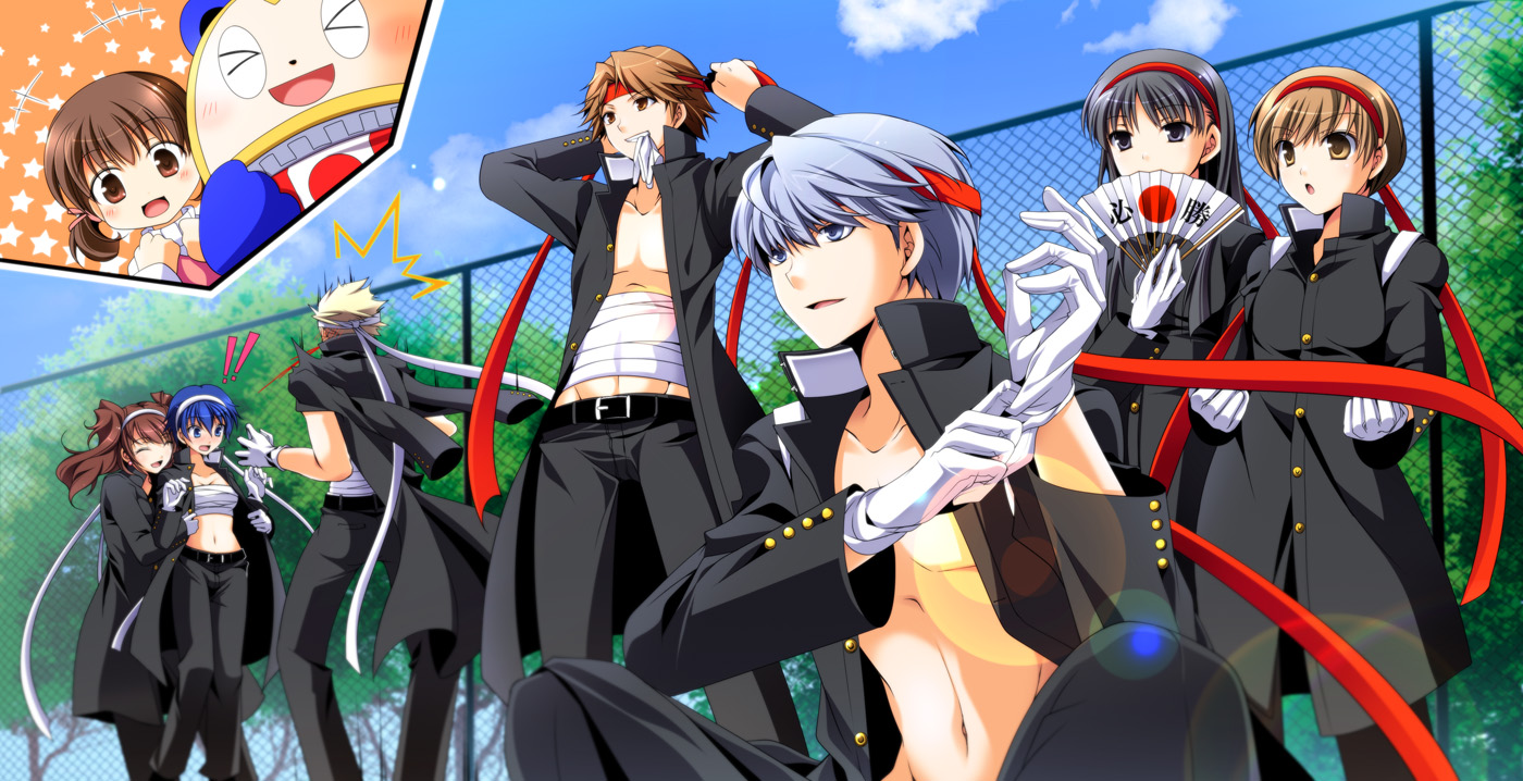 amagi_yukiko, bandage, black_eyes, black_hair, blonde_hair, blue_eyes, blue_hair, brown_eyes