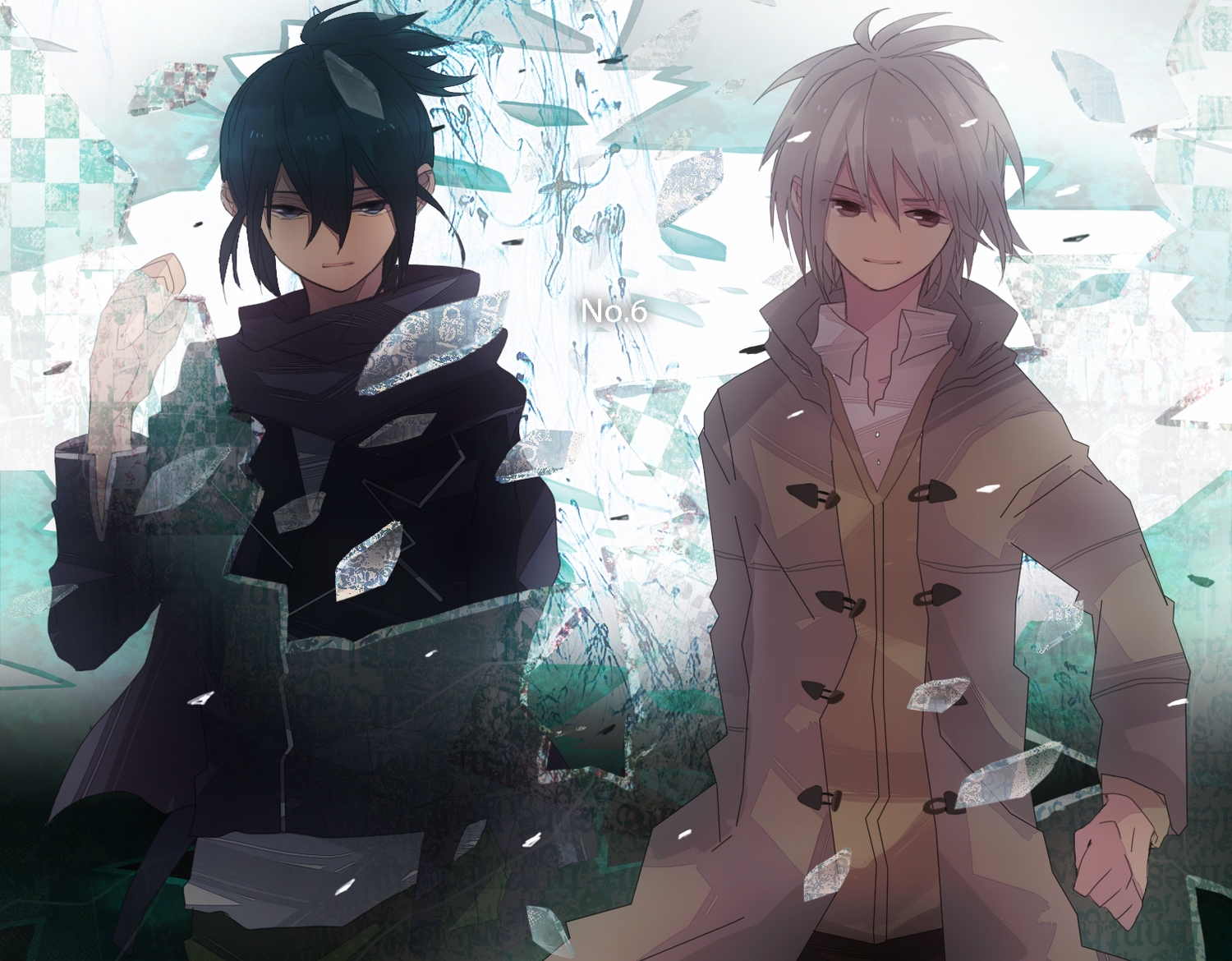 all_male, asou_(zone54), black_hair, blue_eyes, brown_eyes, gray_hair, male, nezumi_(no.6), no.6, shion_(no.6)