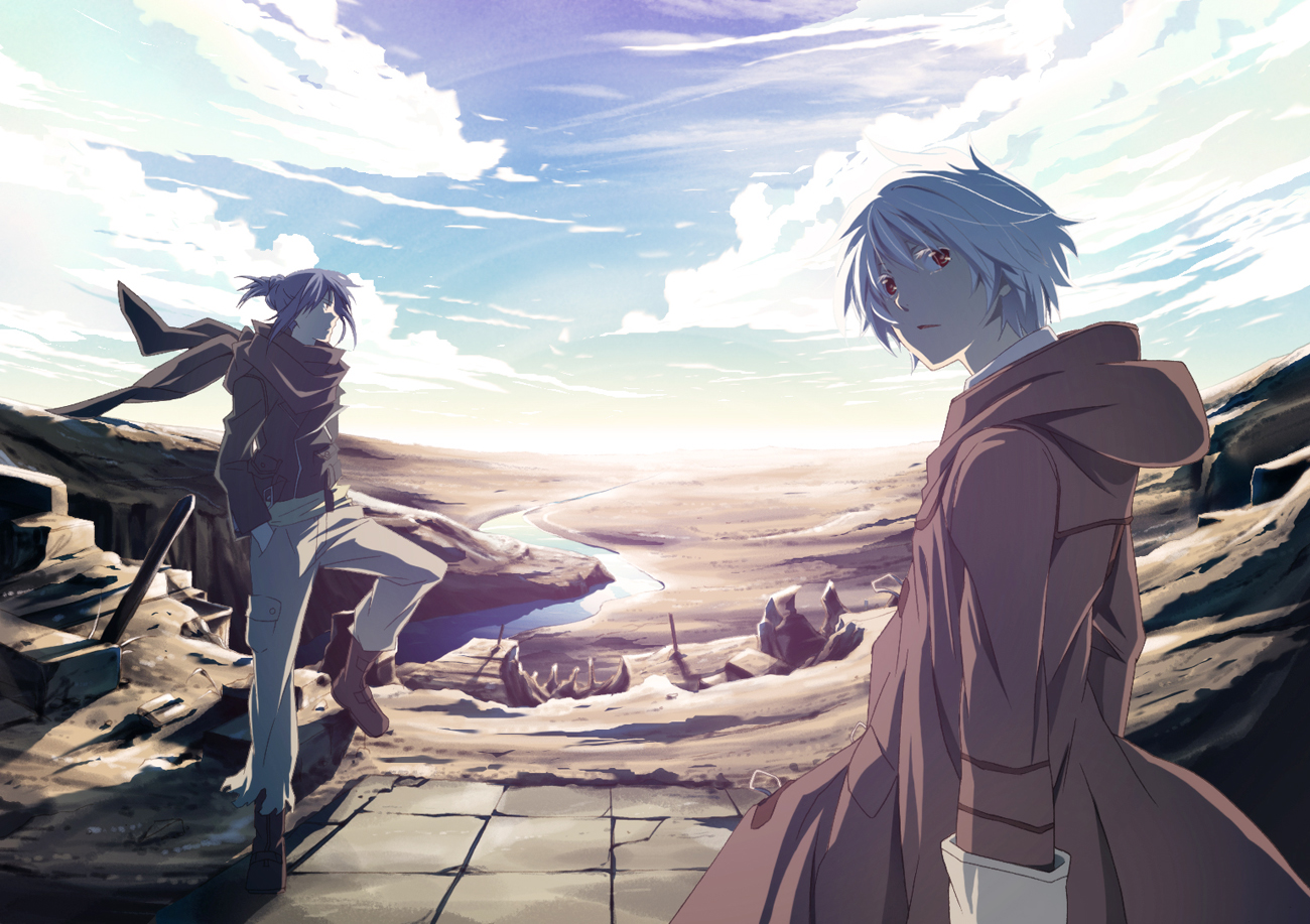 all_male, clouds, gray_hair, hakumai_(jamaika), landscape, male, nezumi_(no.6), no.6