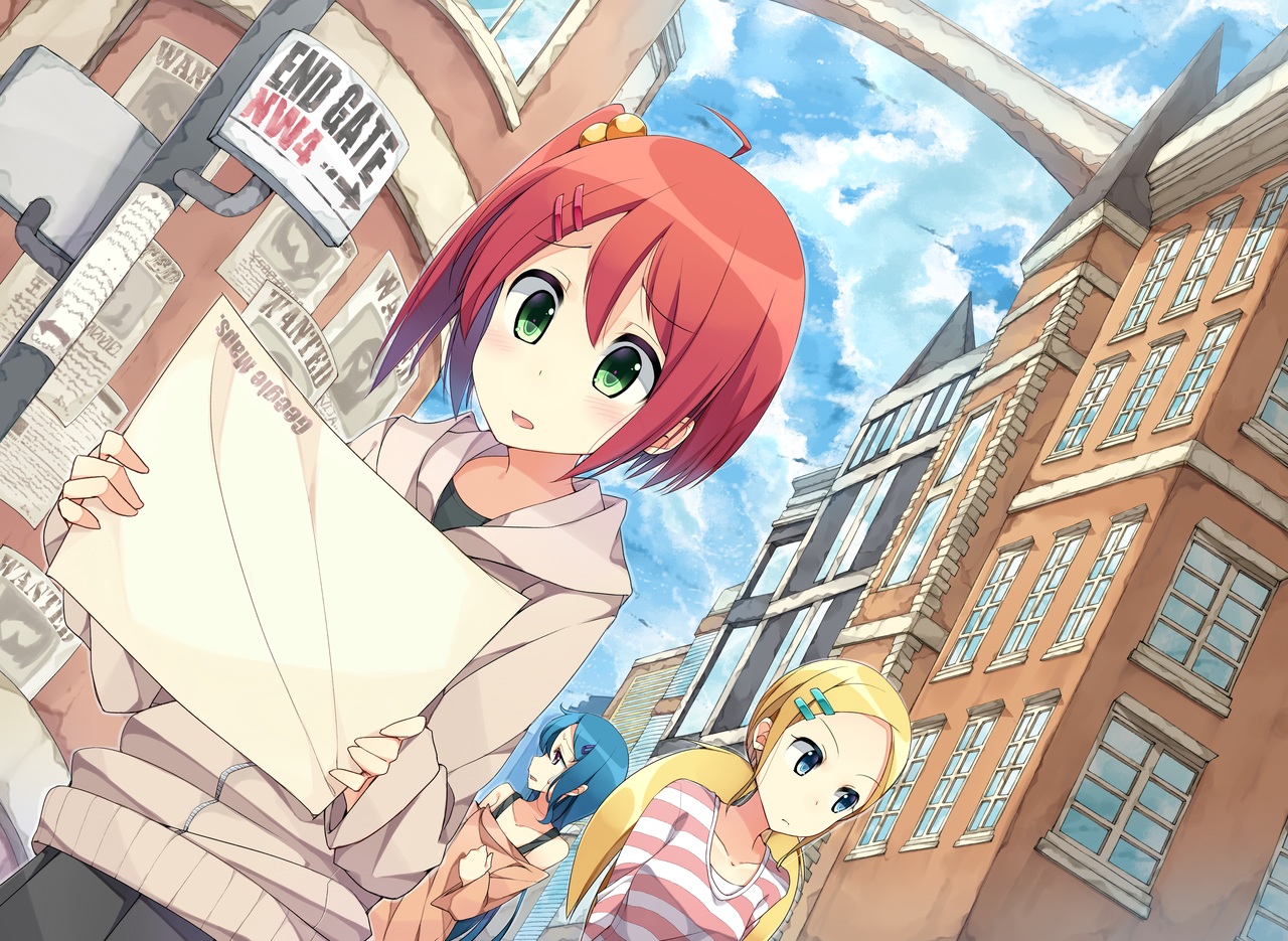7zu7, blonde_hair, blue_eyes, blue_hair, building, city, clouds, green_eyes