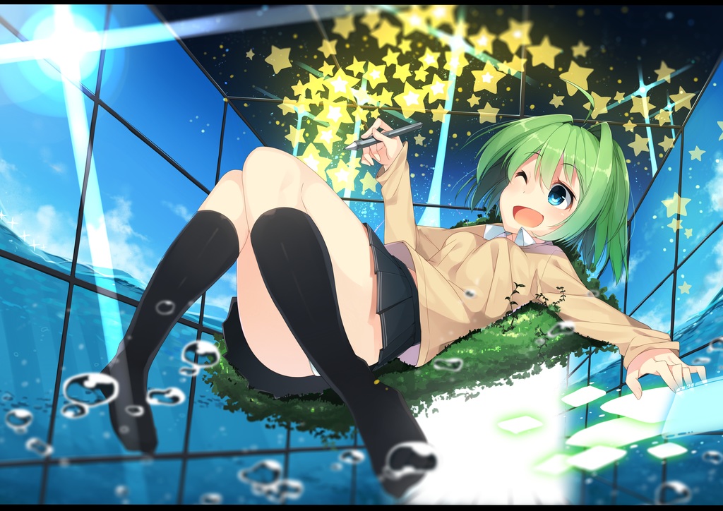 7zu7, blue_eyes, bubbles, green_hair, kneehighs, original, panties, short_hair