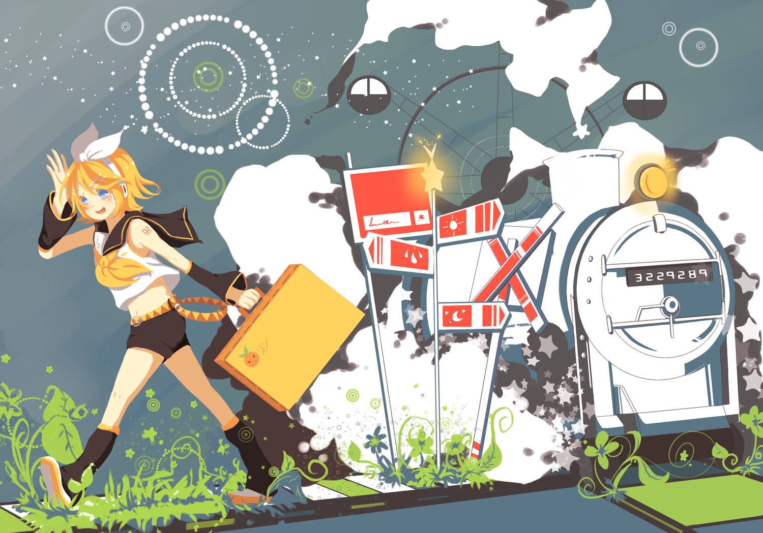 blonde_hair, blue_eyes, headphones, kagamine_rin, makuragi_(vocaloid), matsurika-owo85, navel, short_hair, shorts, socks, tattoo, train, vocaloid