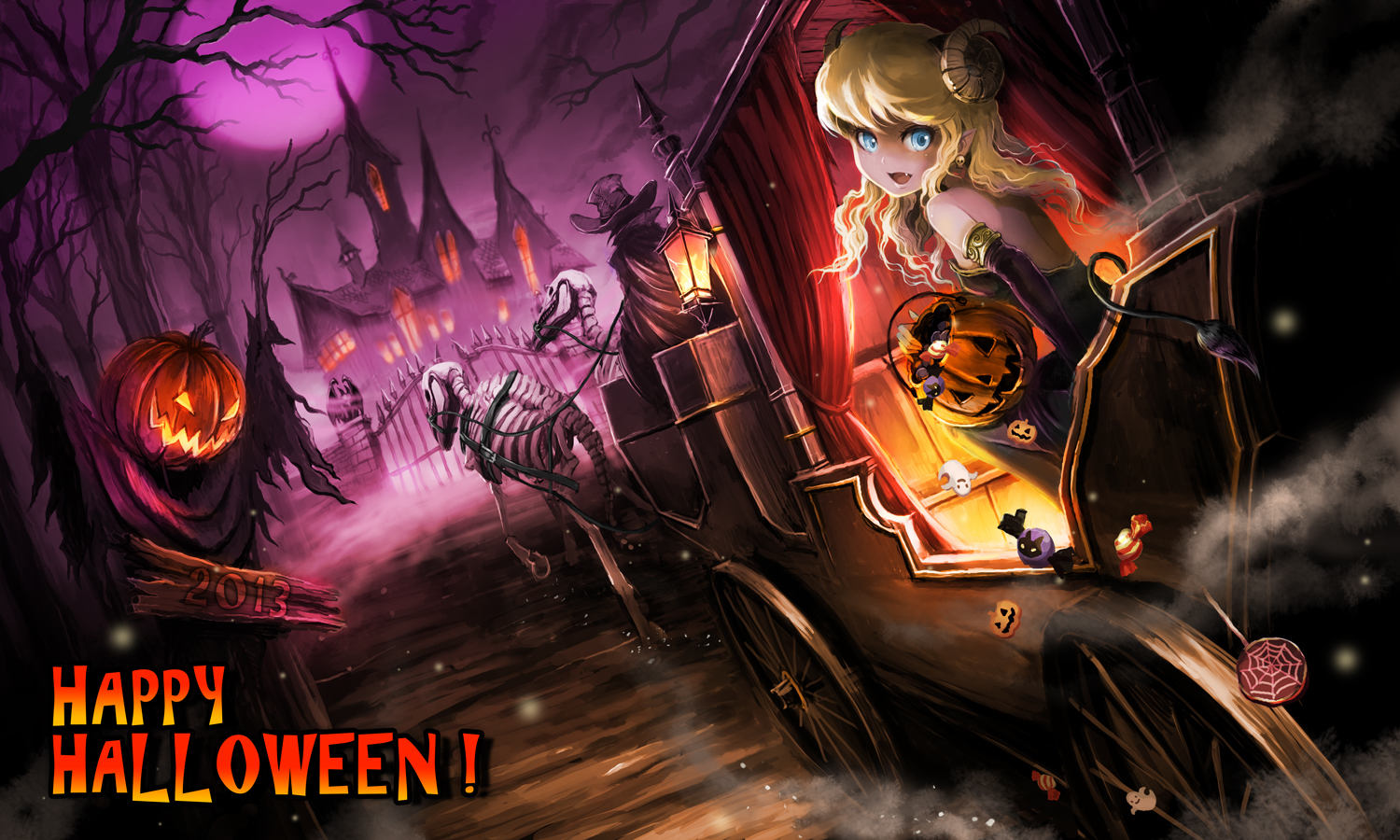 blonde_hair, blue_eyes, bones, candy, cape, dress, elbow_gloves, fang