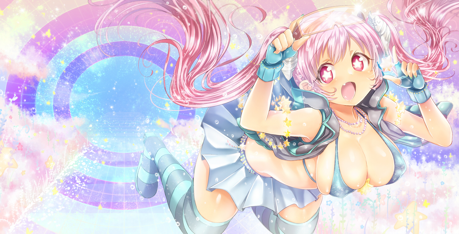 breasts, cleavage, fang, gloves, goggles, kamiya_zuzu, long_hair, necklace