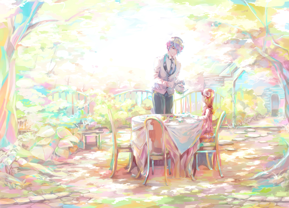 blonde_hair, drink, food, gary_(ib), ib, ib_(ib), long_hair, male, na_(sodium), purple_hair, short_hair, suit, tie