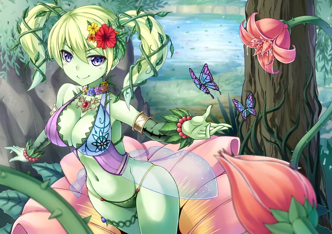 bikini, blue_eyes, breasts, butterfly, cleavage, flowers, green_hair, junnkinn, navel, original, swimsuit, tree, twintails, water