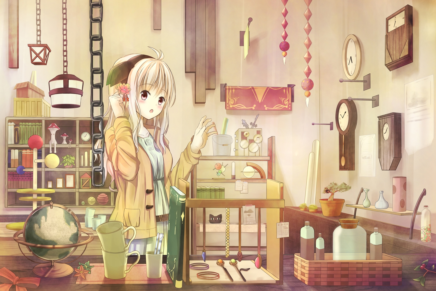 blonde_hair, book, chain, flowers, headband, lark, long_hair, original, pink_eyes