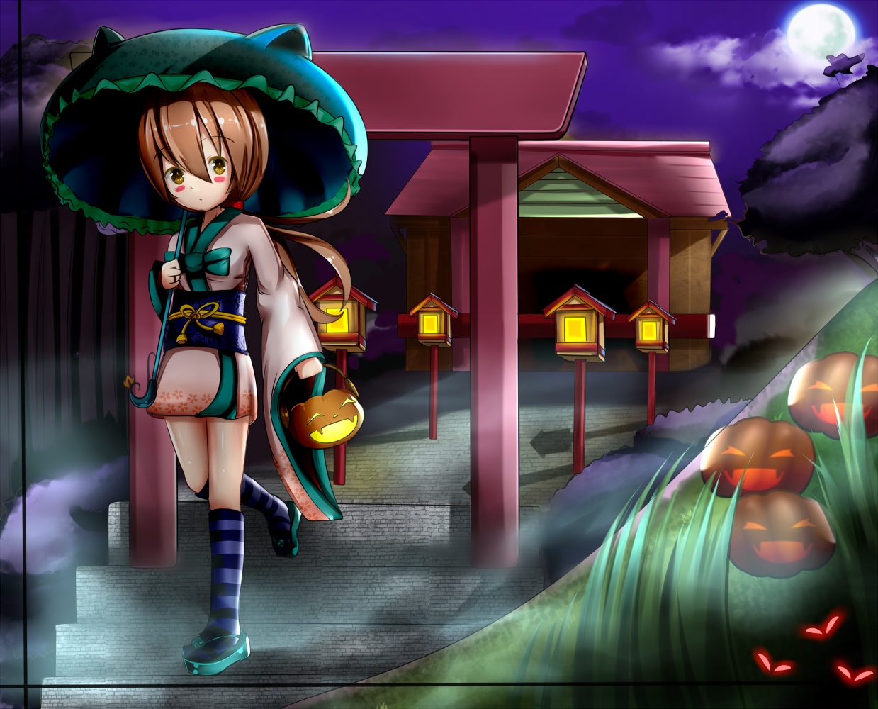 blush, bow, brown_eyes, brown_hair, halloween, japanese_clothes, kimino, kneehighs, loli, long_hair, moon, night, original, ponytail, pumpkin, stairs, torii, umbrella, yukata