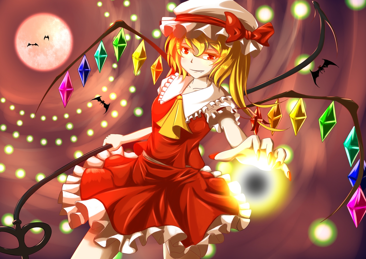 animal, bat, blonde_hair, bow, bushi_j, fang, flandre_scarlet, hat, moon, ponytail, red_eyes, ribbons, short_hair, skirt, touhou, vampire, weapon, wings