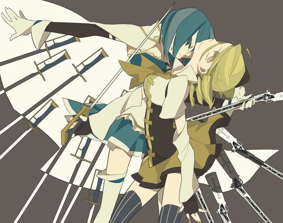 2girls, blonde_hair, blue_hair, cape, gloves, gun, mahou_shoujo_madoka_magica, miki_sayaka