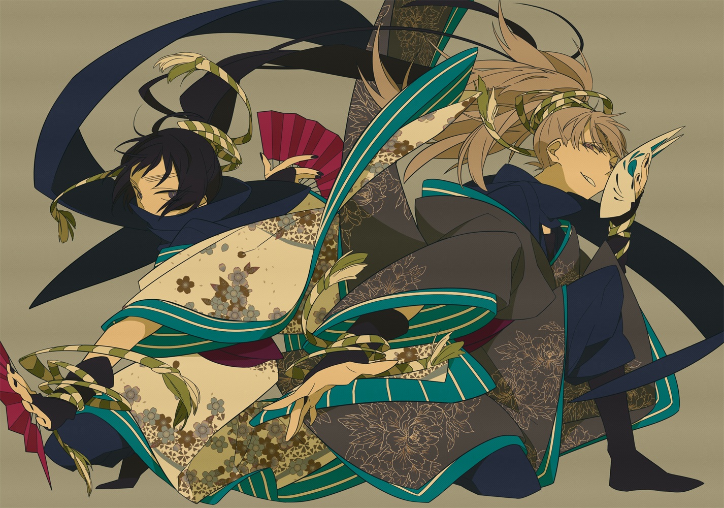 all_male, black_eyes, black_hair, brown_eyes, brown_hair, fan, hachiya_saburou, japanese_clothes, kukuchi_heisuke, long_hair, male, mask, ponytail, rakudai_ninja_rantarou, yamada_kei