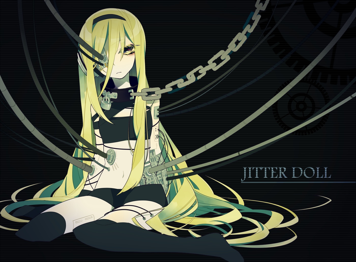 blonde_hair, chain, collar, headband, lily_(vocaloid), long_hair, navel, shorts, thighhighs, vocaloid, yamada_kei, yellow_eyes