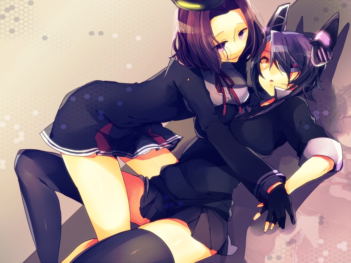 2girls, anko_(kirikiri), anthropomorphism, brown_hair, eyepatch, gloves, hat, headdress, kantai_collection, purple_eyes, purple_hair, school_uniform, short_hair, shoujo_ai, skirt, tatsuta_(kancolle), tenryuu_(kancolle), thighhighs, tie, yellow_eyes, zettai_ryouiki