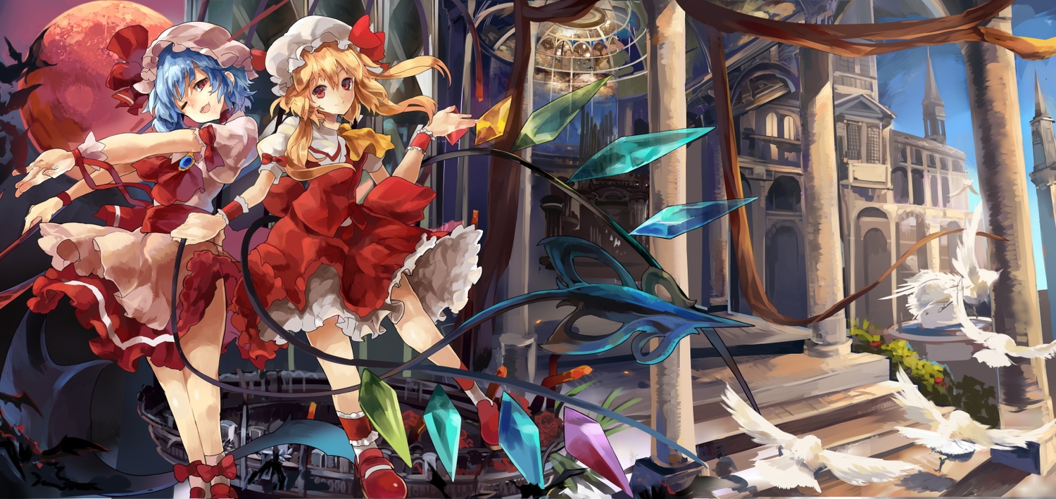 2girls, animal, bat, bird, blue_hair, bow, brown_hair, building