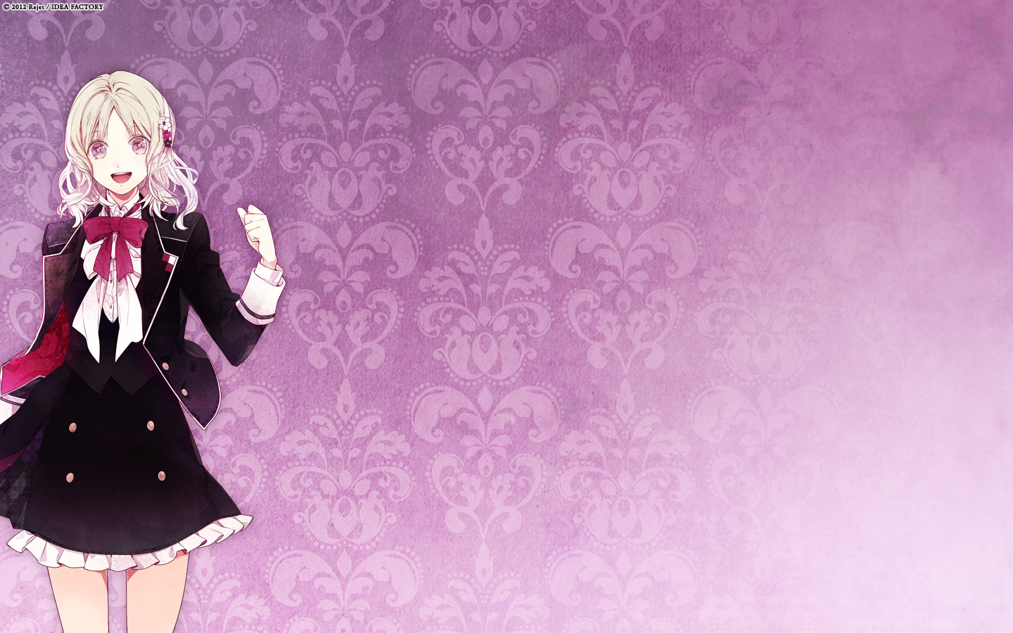 blonde_hair, bow, diabolik_lovers, komori_yui, pink_eyes, purple, satoi, skirt, uniform, watermark