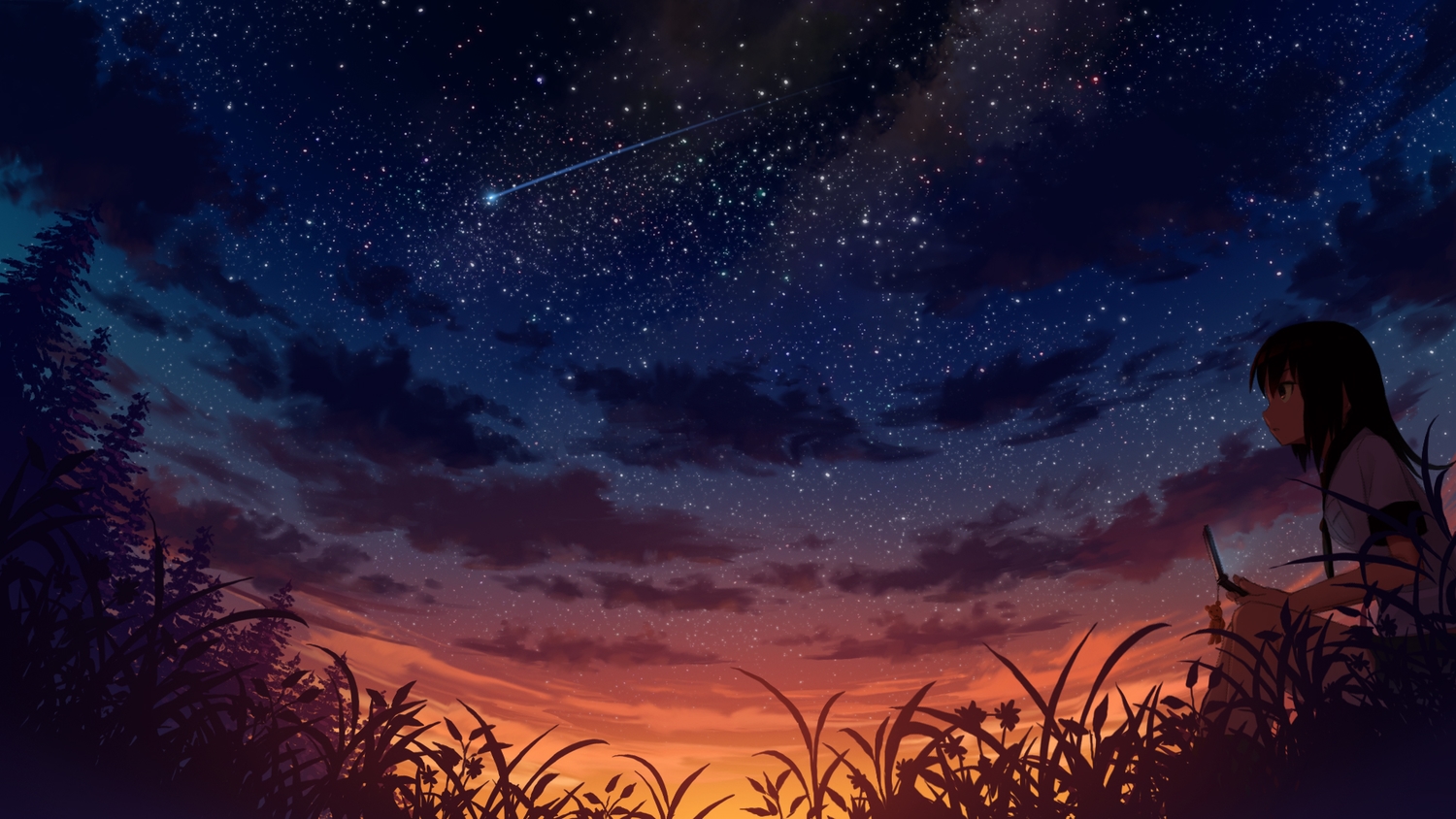 black_hair, clouds, grass, original, phone, sakais3211, scenic, sky, stars, sunset