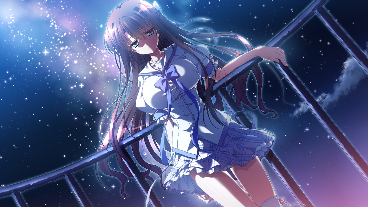 blue_eyes, bow, brown_hair, game_cg, long_hair, minori, natsuzora_no_perseus, night, ribbons, sawatari_touka, school_uniform, shouna_mitsuishi, skirt, sky, stars