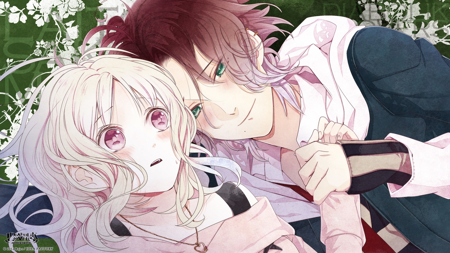 blonde_hair, blush, brown_hair, diabolik_lovers, green_eyes, komori_yui, male, necklace, pink_eyes, sakamaki_raito, satoi, short_hair, vampire, watermark