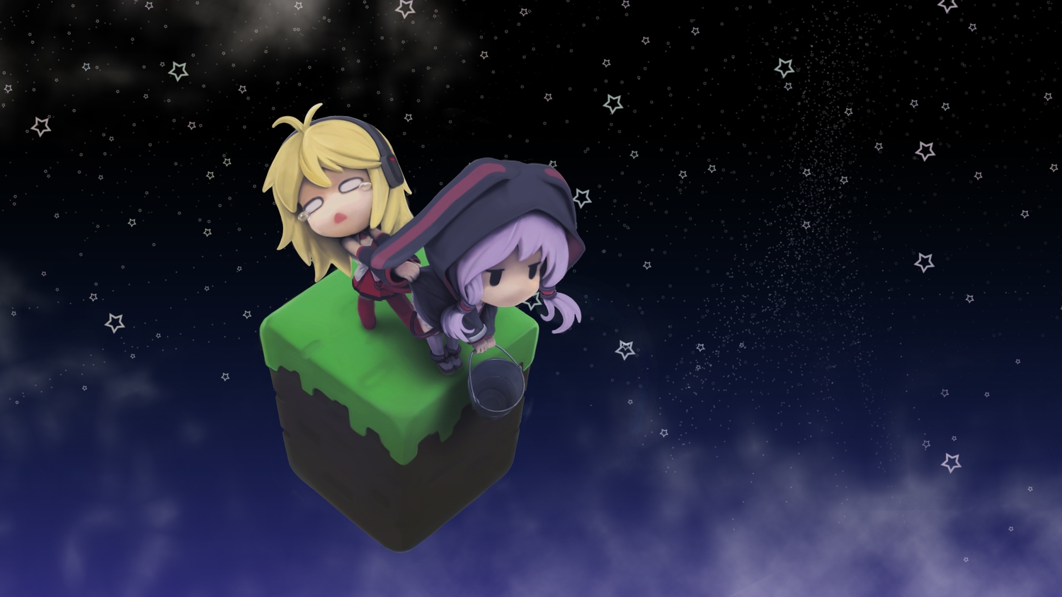 2girls, blonde_hair, chibi, crossover, headphones, hood, kneehighs, long_hair