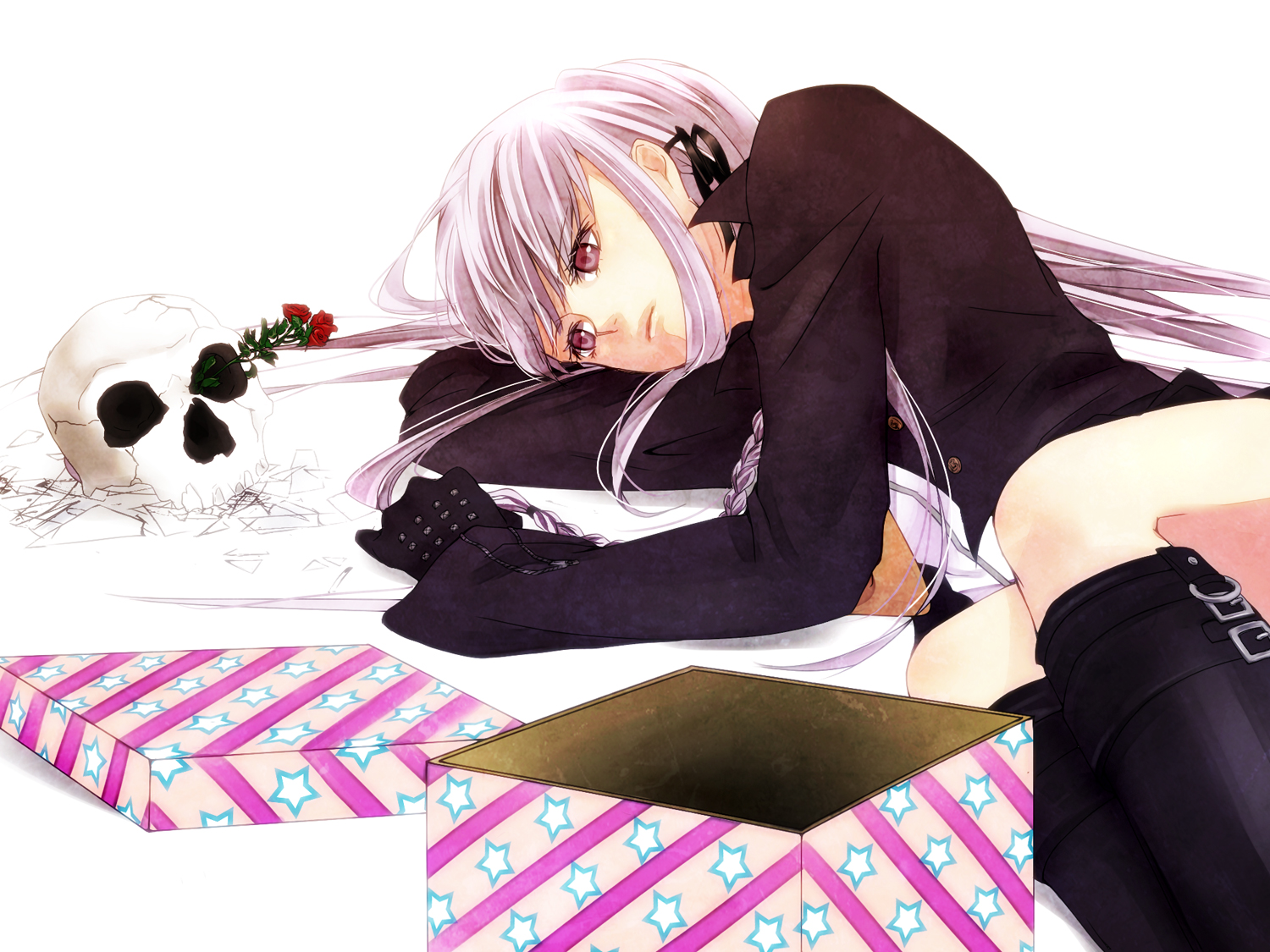 braids, dangan-ronpa, flowers, gloves, kirigiri_kyouko, kneehighs, long_hair, purple_hair, red_eyes, rose, skull, yuki_(artist)