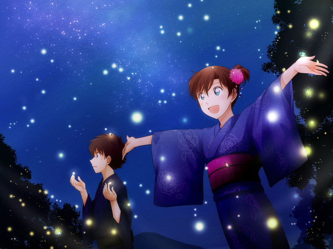 arya_(artist), blue_eyes, brown_hair, fireworks, japanese_clothes, kuroba_kaitou, magic_kaito, nakamori_aoko