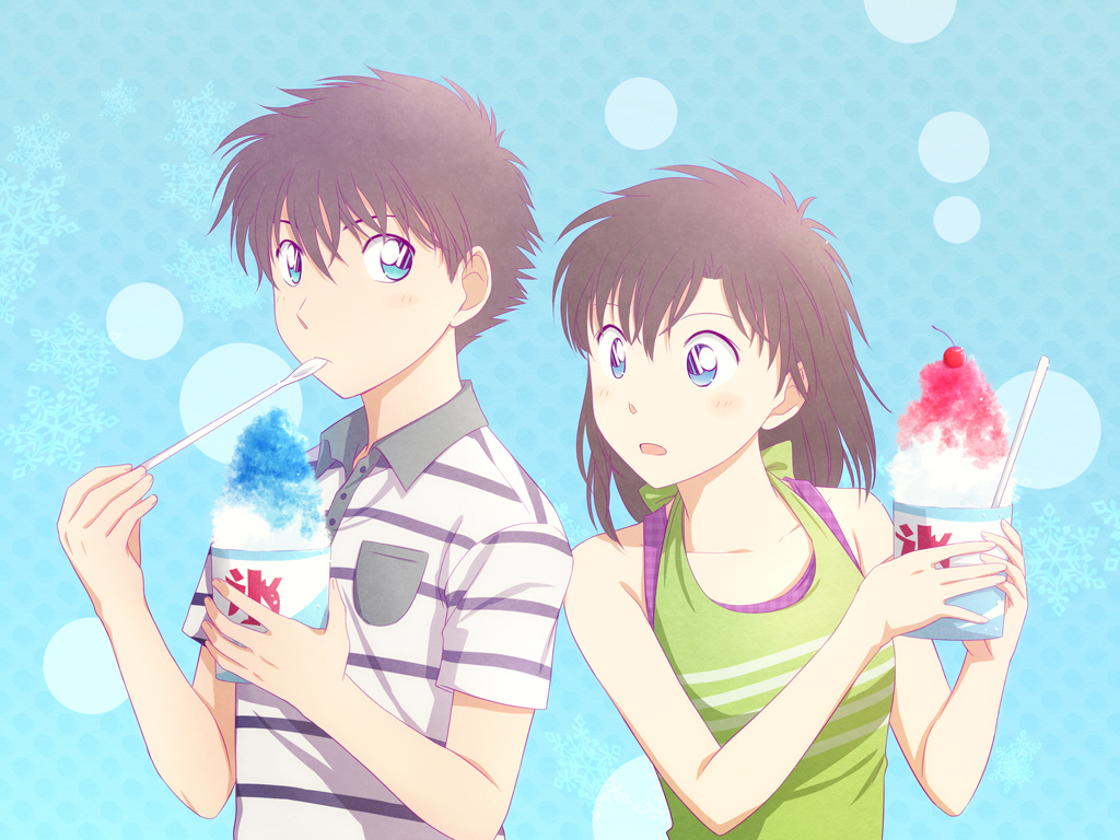 arya_(artist), blue_eyes, brown_hair, cherry, food, fruit, kuroba_kaitou, magic_kaito