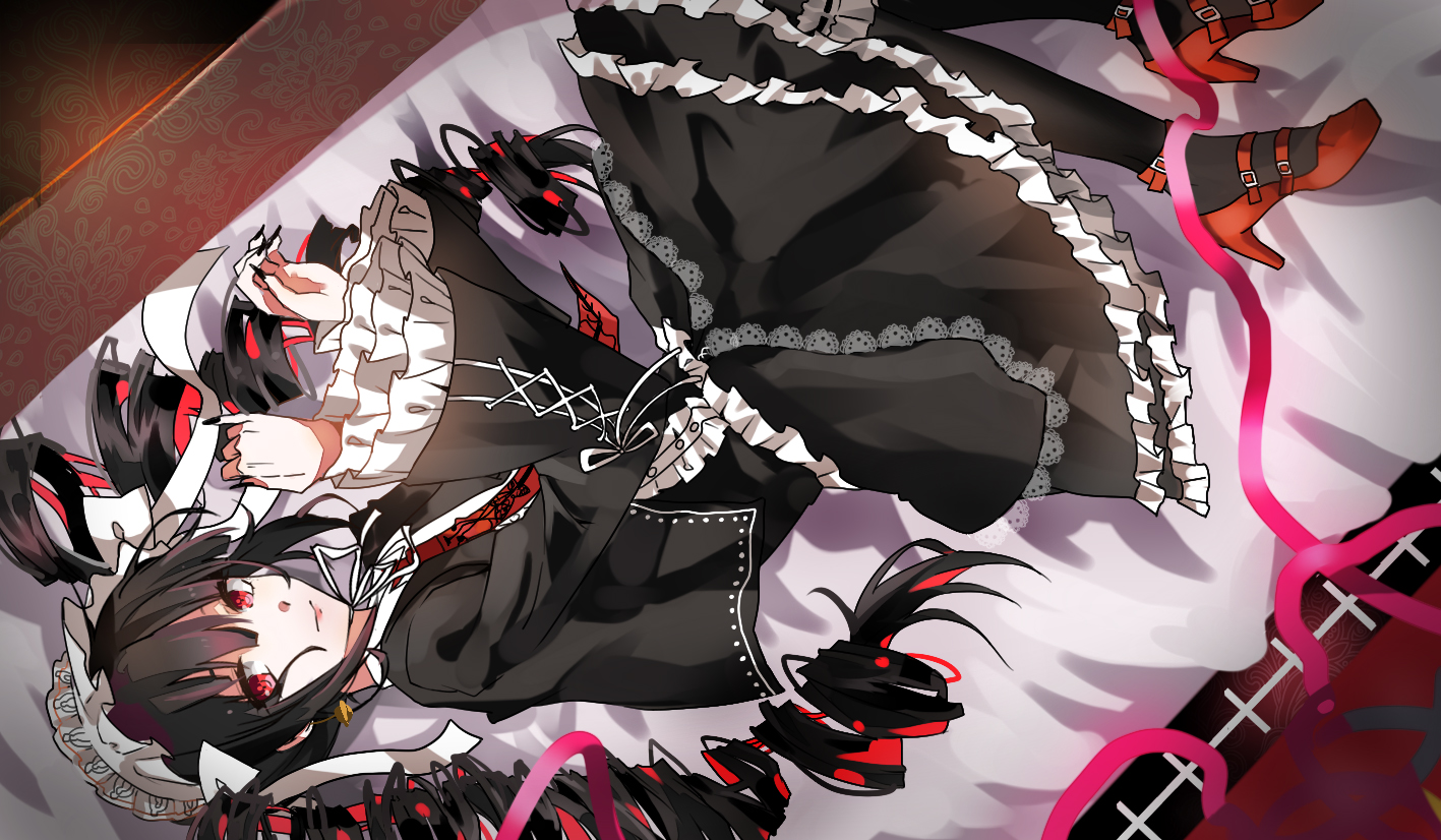 black_hair, celestia_rudenberk, dangan-ronpa, dress, gothic, goth-loli, headdress, lolita_fashion, long_hair, pantyhose, red_eyes, skirt, tie, twintails, zgxuke