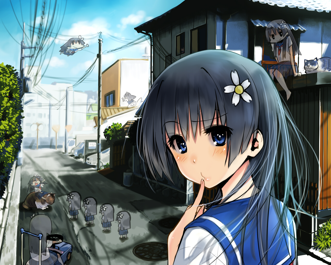 black_hair, blue_eyes, blush, building, car, chibi, clouds, kawakami_masaki