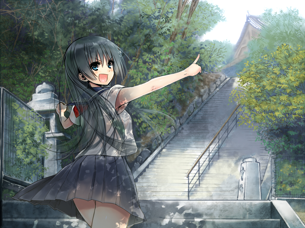 black_hair, blue_eyes, kawakami_masaki, long_hair, saten_ruiko, school_uniform, skirt, stairs