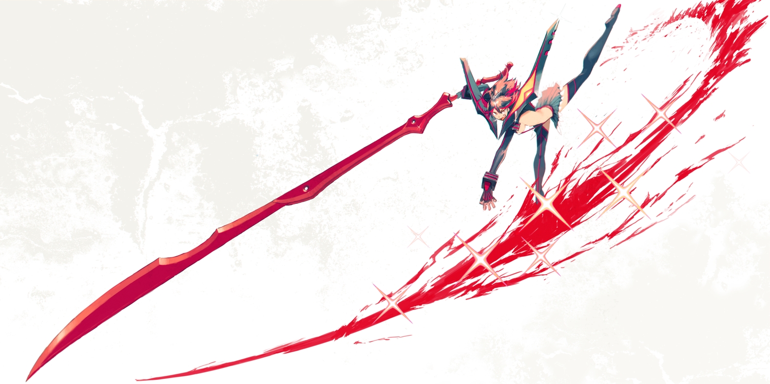 asgr, breasts, elbow_gloves, fang, gloves, horns, kill_la_kill, matoi_ryuuko, red_eyes, red_hair, short_hair, skirt, sword, thighhighs, underboob, weapon, white, zettai_ryouiki
