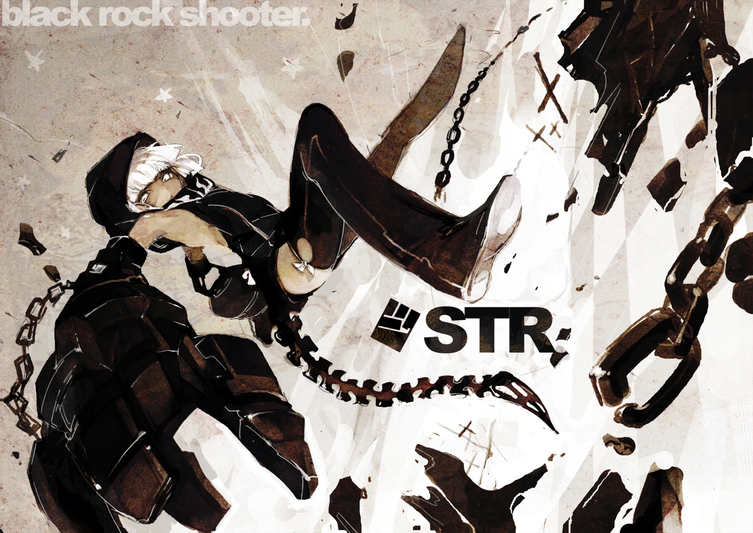 black_rock_shooter, chain, dark_skin, fishine, gray_eyes, hood, koutari_yuu, tail