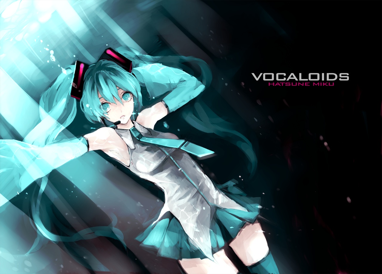 aqua_eyes, aqua_hair, fishine, hatsune_miku, headphones, long_hair, skirt, thighhighs