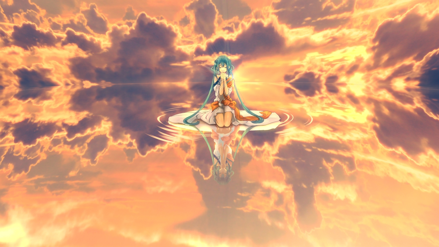 clouds, green_hair, hatsune_miku, japanese_clothes, kimono, koto_mutsu, long_hair, reflection, sky, sunset, twintails, vocaloid, water