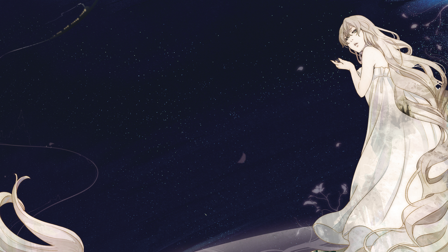 brown_hair, dress, green_eyes, long_hair, night, null_(chronix), original, petals, sky, stars, train