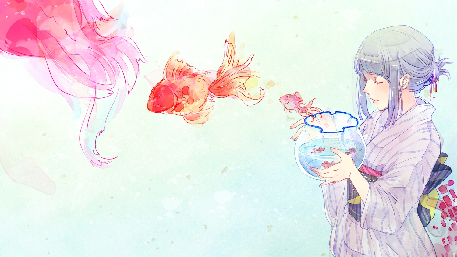 animal, fish, gray_hair, green_hair, japanese_clothes, kimono, null_(chronix), original