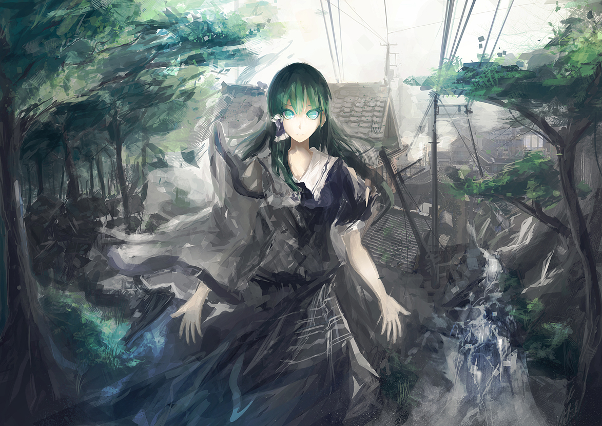aqua_eyes, arufa_(hourai-sugar), building, city, green_hair, japanese_clothes, kochiya_sanae, long_hair, miko, school_uniform, touhou, tree