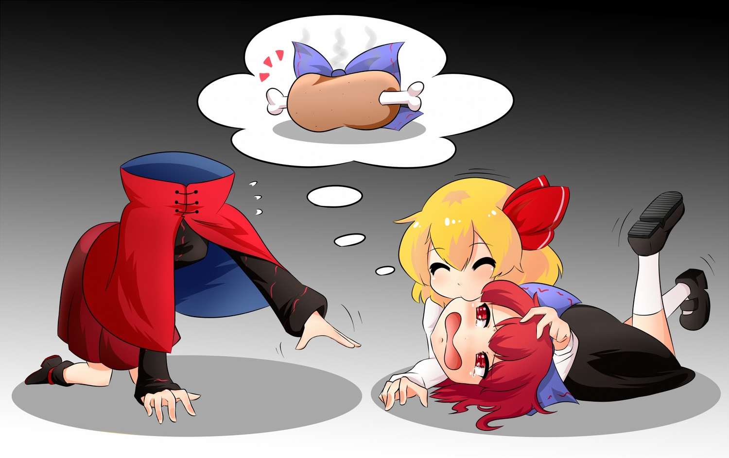 2girls, black, blonde_hair, bow, cape, gray, headdress, miwol