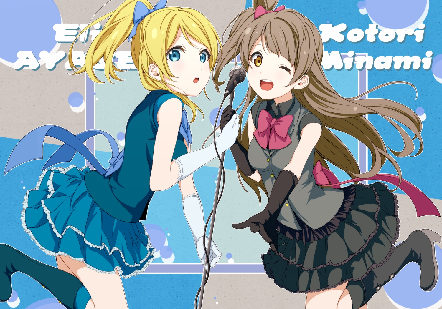 2girls, ayase_eri, blonde_hair, blue_eyes, boots, bow, brown_hair, gloves, long_hair, love_live!_school_idol_project, microphone, minami_kotori, nishiuri_warito, ribbons, short_hair, skirt, wink, yellow_eyes